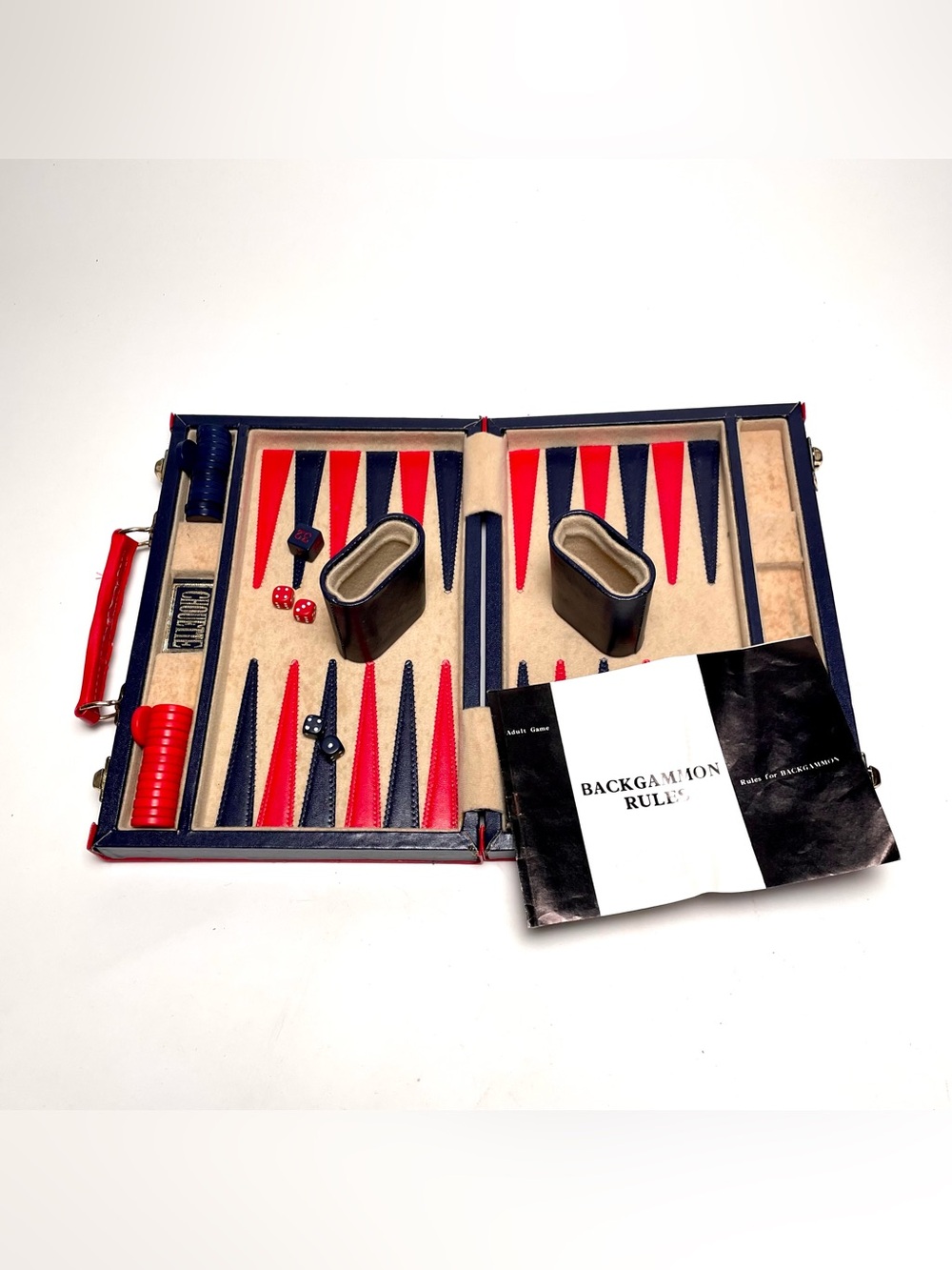 Vintage Chouette Backgammon Set Attache Case Navy Blue Red Travel Size 1970s